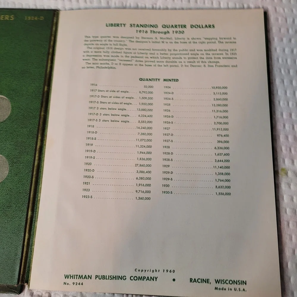 Vintage Whitman Liberty Standing Quarter Dollars Coin‎ Folder No 9244 1916-1930